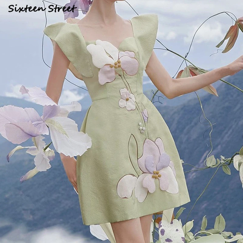 

2022 Green Vintage Dress Women 3D Flower Summer Butterfly Sleeve Mini Bodycon Dress High Waist Hollow Lovely Clothing Women