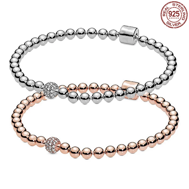 

Женский браслет из серебра 925 пробы с инкрустированными розовыми золотыми бусинами