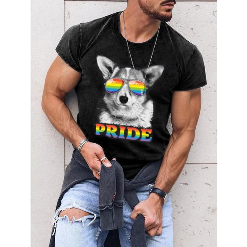 

Rheaclot Pride Letter & Corgi Rainbow Printing Men's Casual Fashion T-shirt