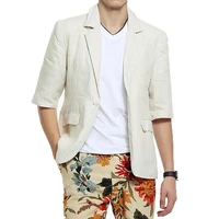 100% Linen Man Blazer High Quality Summer Party Bar Nightclub Beige Half Sleeve Single Button Men Casual Suit Jacket