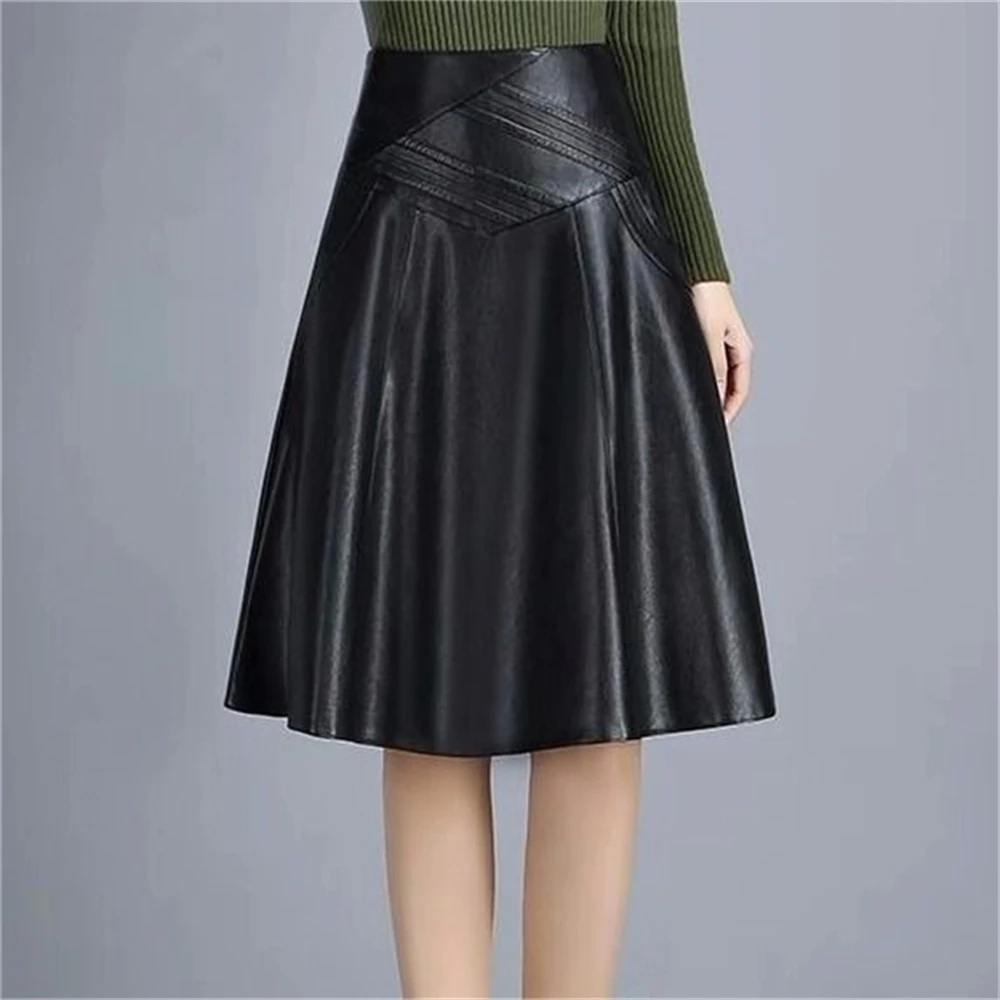 

Women's PU leather skirt, high waist to knee pleated skirt, large