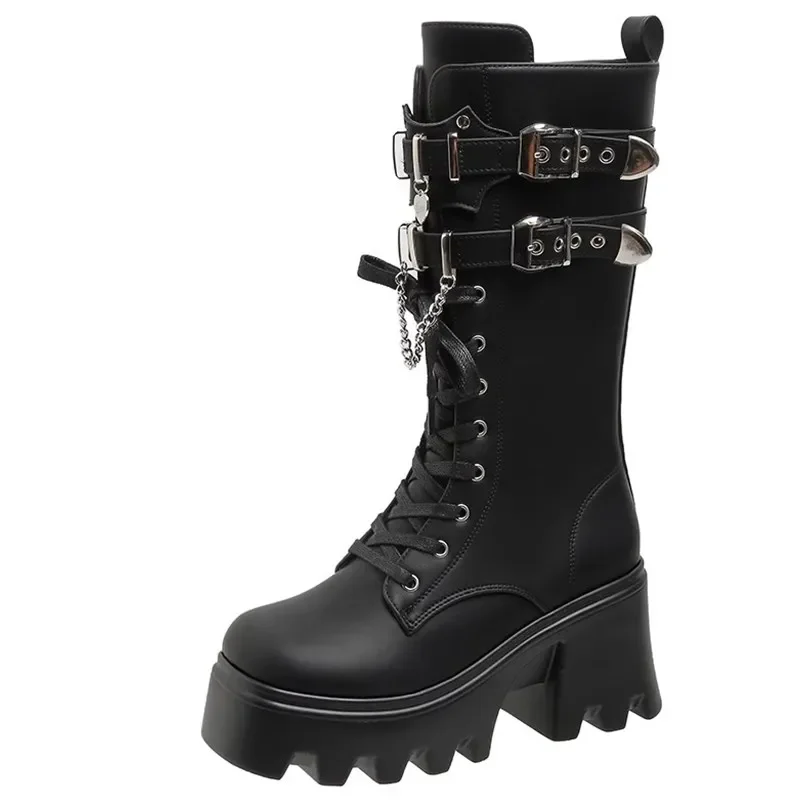 

Женские осенние ботинки до середины икры на платформе в стиле панк, кожаные мотоциклетные ботинки на толстой подошве, короткие женские ботинки на толстой металлической пряжке 9 см