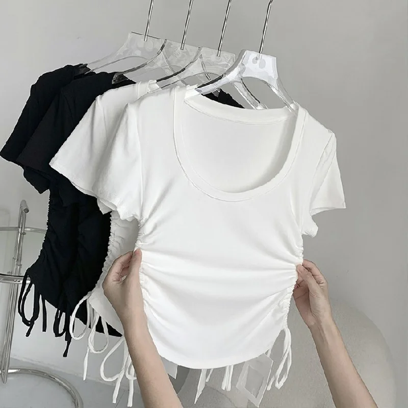 

Top Women's Fashion Drawstring Crop Basic Tee Short-sleeved Pleated T-shirt O-neck Slim Skinny Casual Summer Female Clothes