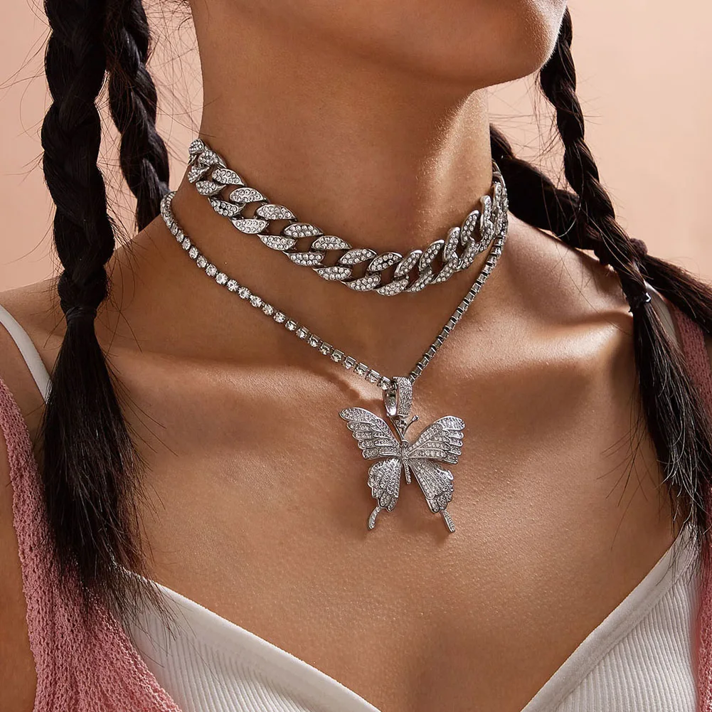 

Женское Ожерелье В Стиле Хип-хоп, цепочка со сверкающими звеньями, массивное Двухслойное ожерелье с кубинской подвеской-бабочкой