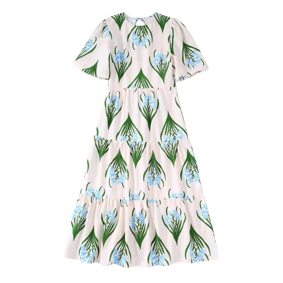 

2022 Women Fashion Contracted Floral Print Linen Slit Midi Dress Vintage Elastic Waist Hollow Out Female Dresses Mujer