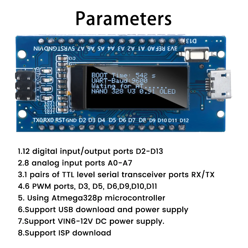 Nano V3.0 Atmega328P Ch340C встроенный Oled дисплей 0 91 дюйма Разрешение 128*32 Iic I2C Совместимость