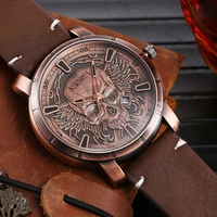 industrial skull round dial mens quartz watch vintage brown leather strap automatic date simple fashion all match gifts for boy