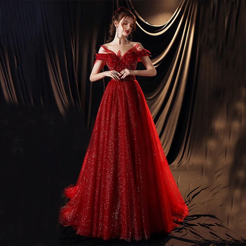 

Woman Burgundy Lace Up Floor-Length Wedding Dress Fashion Beading A-line Tulle Party Formal Gown Toast Clothing