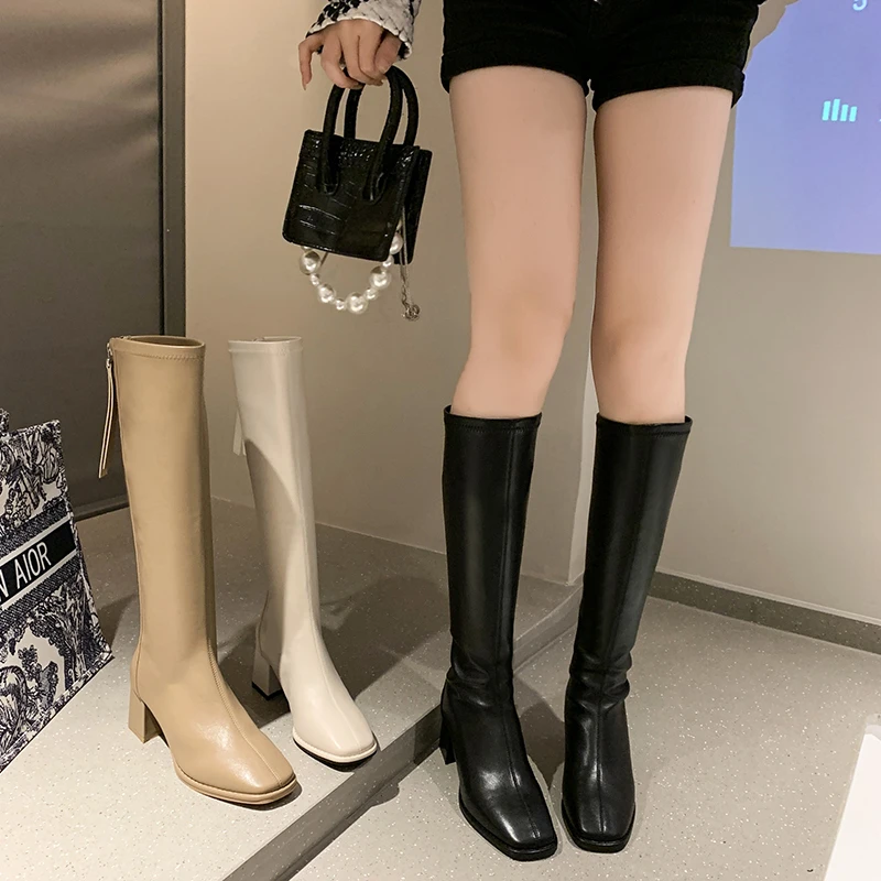 

Women's Rubber Boots Zipper Shoes Sexy Thigh High Heels High Sexy Rain Med Ladies Over-the-Knee Solid PU Rome Square Toe Basic