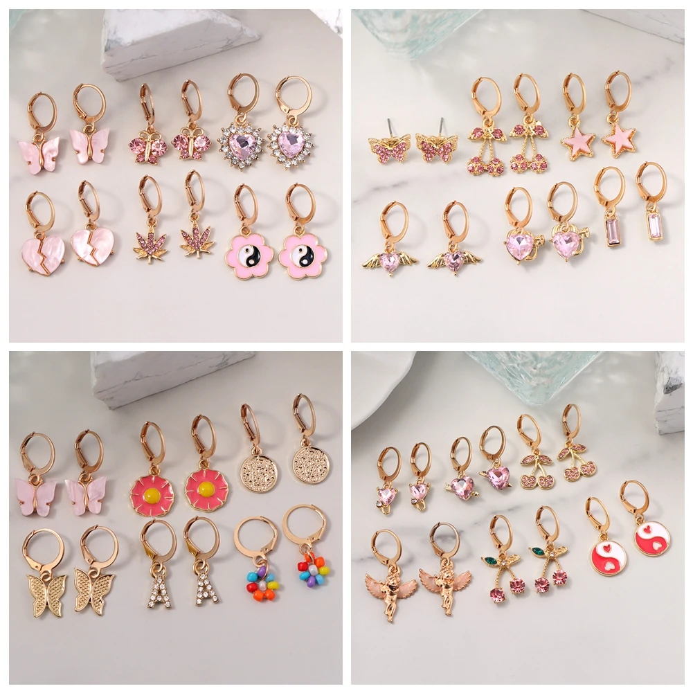 

Flatfoosie Trendy Heart Butterfly Drop Earring Set For Women Girls Gold Color Metal Animal Dangle Earrings Cute Jewelry Gifts