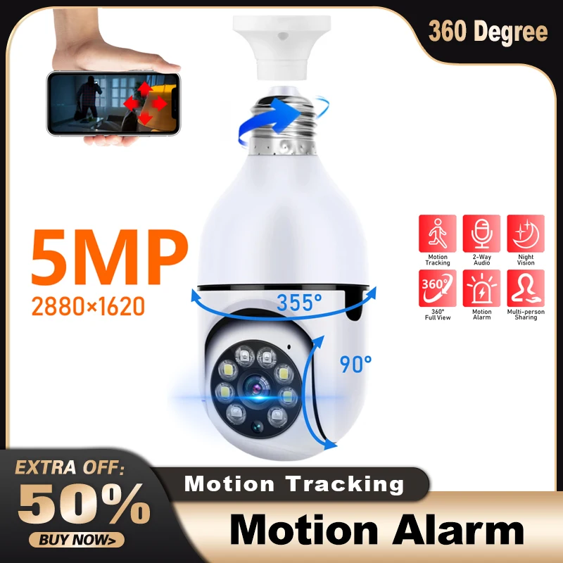 5MP Bulb PTZ Camera WiFi 5G Surveillance Home Security Protection Baby Monitor IR Full Color Night Vision AI Body Auto Tracking