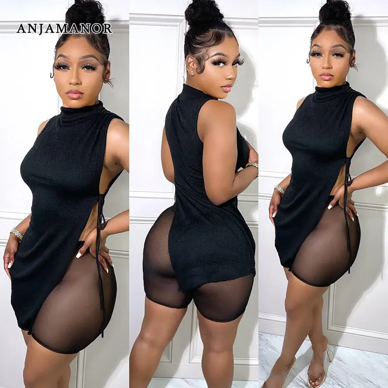 

ANJAMANOR Two Piece Legging Sets for Women Asymmetrical Side Lace Up Top and Mesh Shorts Womens Sexy Night Club Outfits D85-CZ19