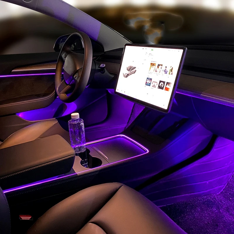 

Новая модель Tesla 3 Y, интерьер RGB, неоновое окружающее освещение s, автомобильная центральная консоль, приборная панель, подсветка ног, управле...