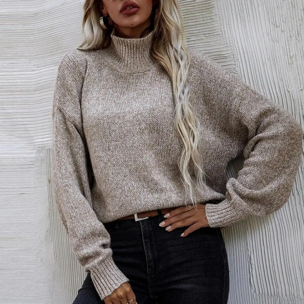 

Women Turtleneck Long Sleeves Ribbed Trim Knitwear Jumper Winter Solid Color Loose Warm Pullover Warm Sweaters Female Clothing