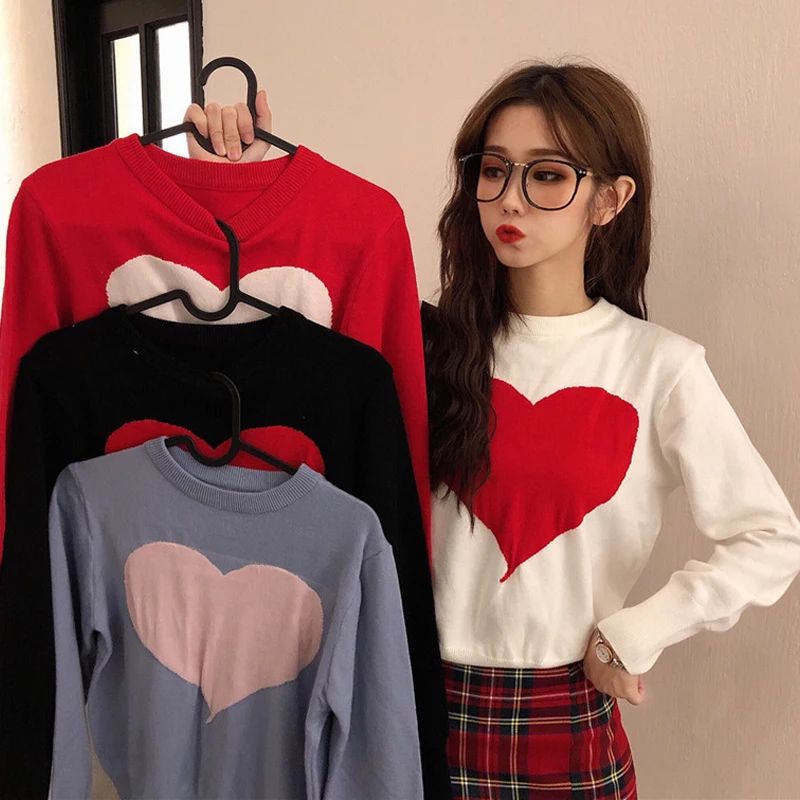 

korean women's Pullovers Sweaters Love print O-neck Knitted sweater young girl casual slim long sleeve Knitwear women crop tops