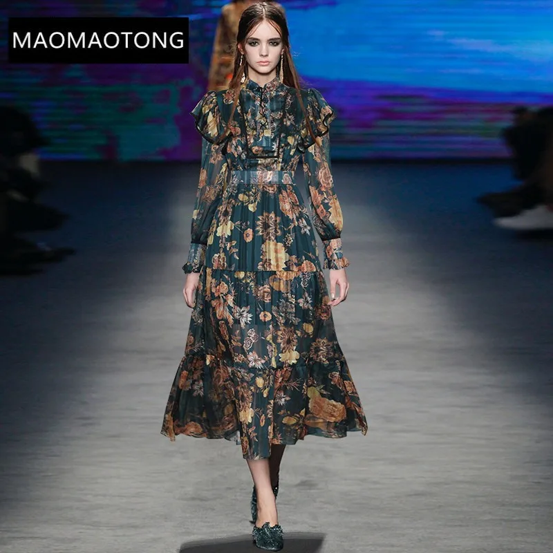 

Fashion Designer dress Spring Women's Dress Lace-up Stand collar Long sleeves Ruffles Vintage Print Dresses