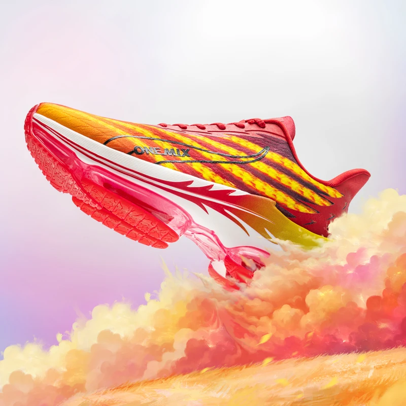 ONEMIX Fire Red Color Man Running Shoes Air Cushion Athletic Couple Trainers Sport Runner Shoes Outdoor Women Walking Sneakers