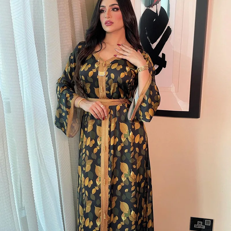 Middle East Dubai Printed Long Gold Belt Dress Women Jalabiya Muslim Women's Abayas for Women Hijab Dress