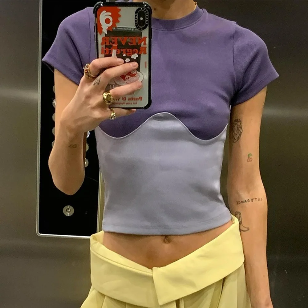 

Summer Sexy T Shirts Women Fashion Patchwork Short Sleeve Casual Y2K Crop Tops Fashion 2022 Tee Vintage 90S