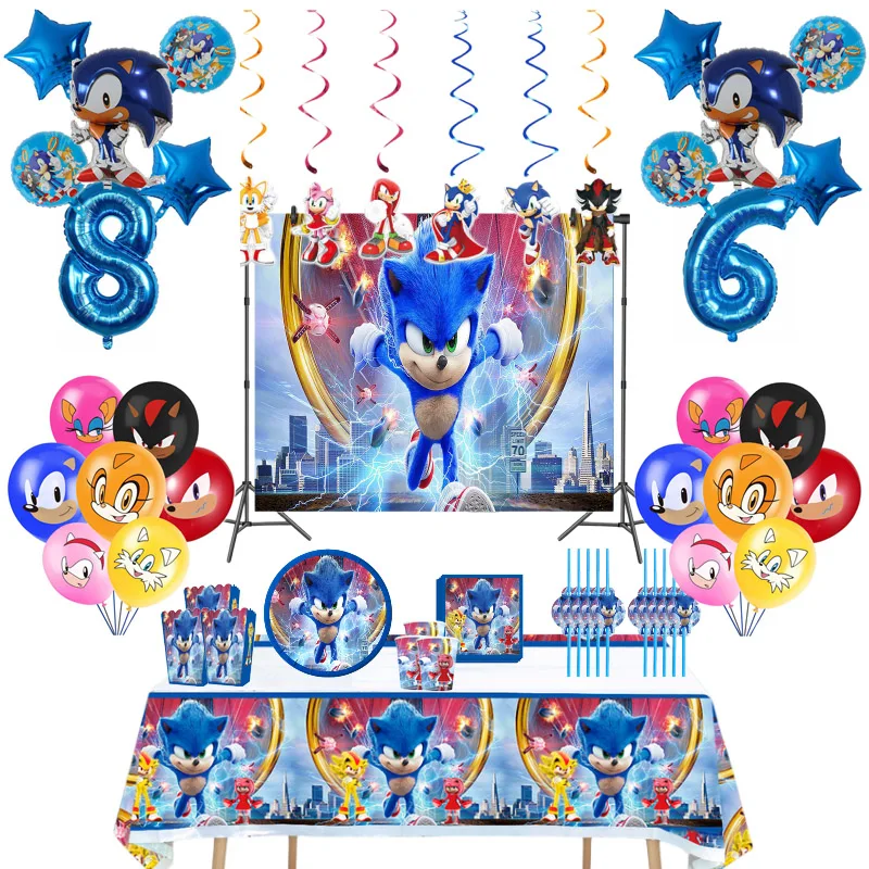 

Cartoon Sonic Children's Birthday Party Decoration Disposable Tableware Balloon Pull Flag Rapid Hedgehog Balloon Supplies