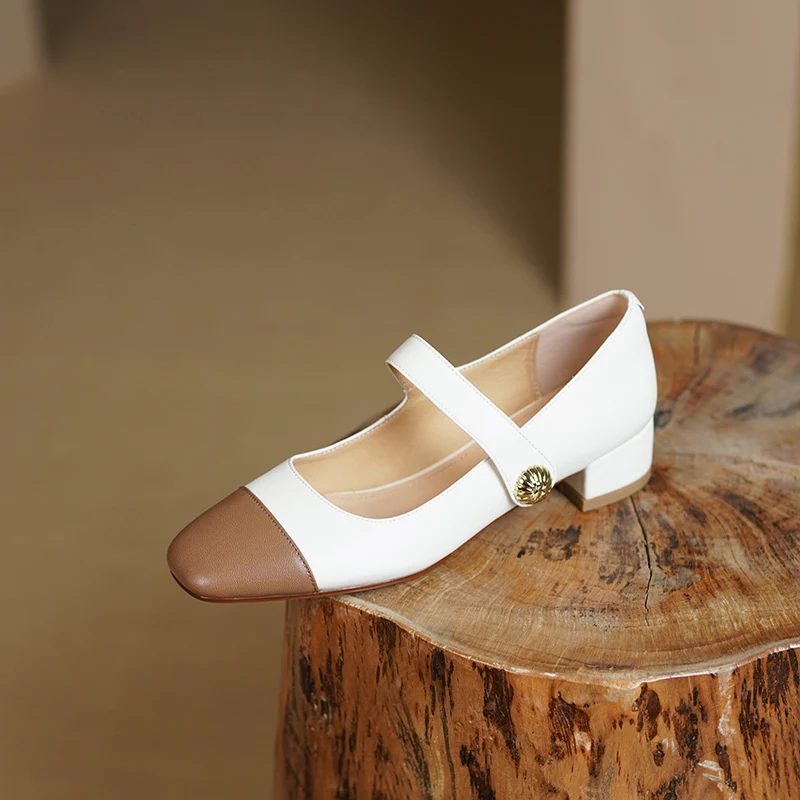 Spring cow leather women's shoes square toe stitching thin belt buckle metal decoration medium heel thick heel women's shoes