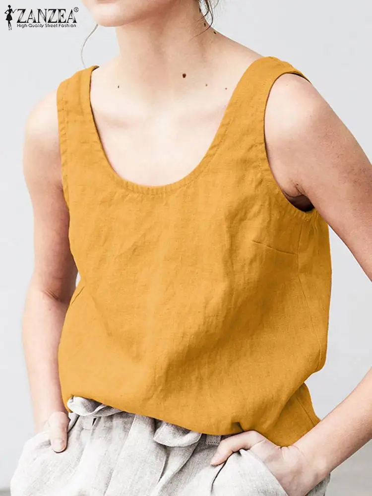 

Безрукавка ZANZEA Женская мешковатая, однотонная Тонкая блузка с U-образным вырезом, модная повседневная Праздничная рубашка, лето 2023