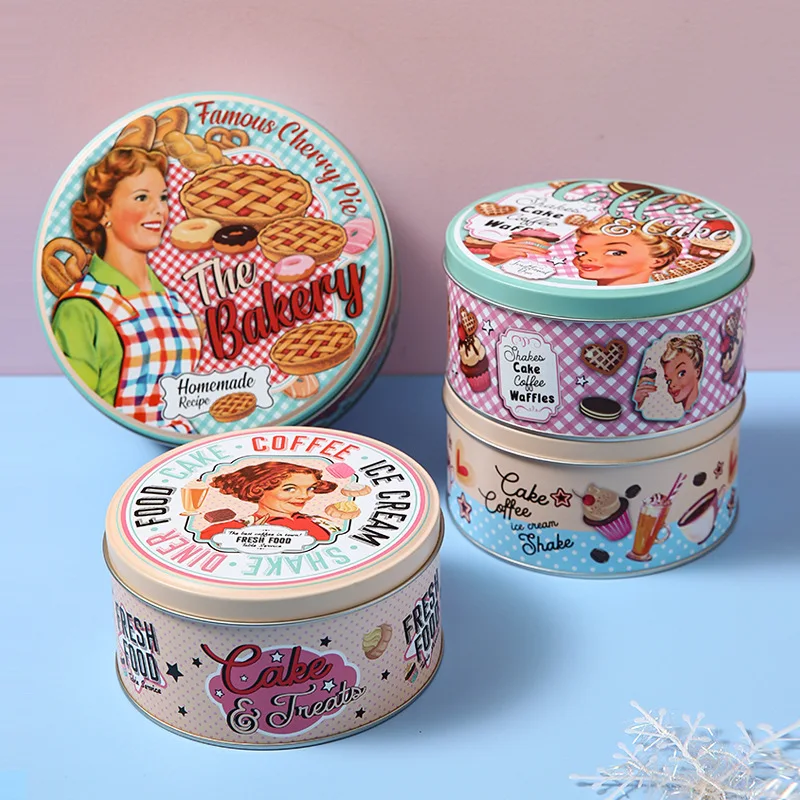 

Food Girl Round Biscuit Tin Box Cookie Snowflake Pastry Candy Packaging Box DIY Home Cake Dessert Empty Metal Can Storage Box