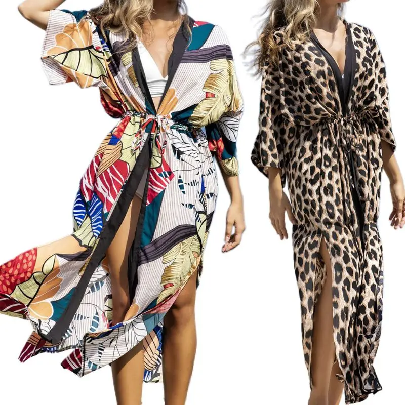 

Women Open Front Swimsuit Cover Up Leaves Leopard Print Drawstring Cardigan Robe