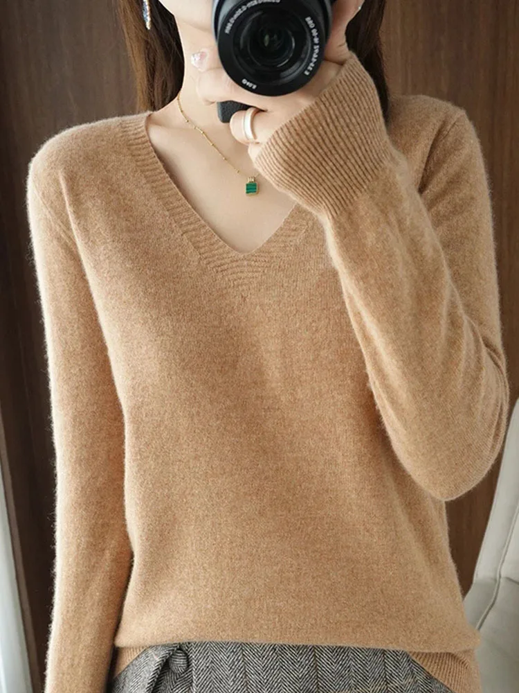Женский свитер 2024 осенне-зимние вязаные пуловеры облегающая рубашка с v-образным