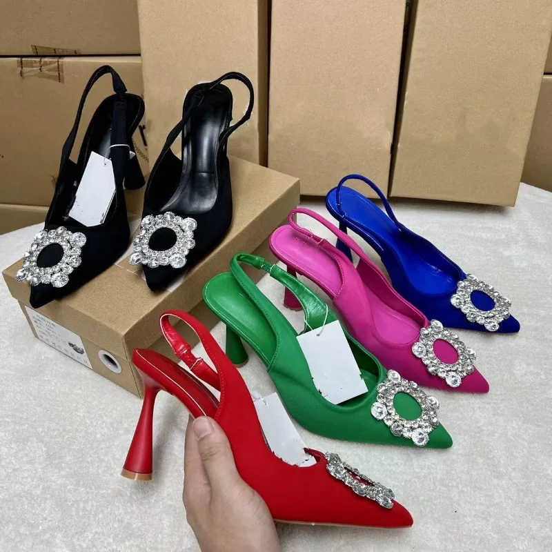 

Wine Glass Luxury Sandals Women Shoes Rhinestone Square Buckle Pointed High Heels Women Wedding Shoes 2023 New Zapatos De Mujer