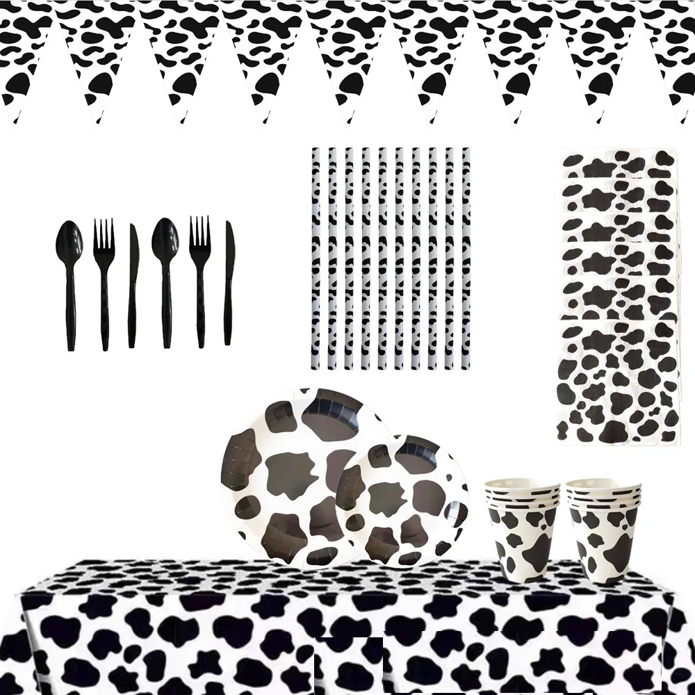 Набор Из 10 Одноразовых Бумажных Посуды На Тему Черно-белой Коровы Ферме Для