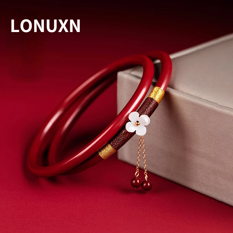 

High Quality Handmade Shell Flowers Tassel Original Ore Natural Purple Cinnabar High Content Cinnabar Fashion Bangle for Women