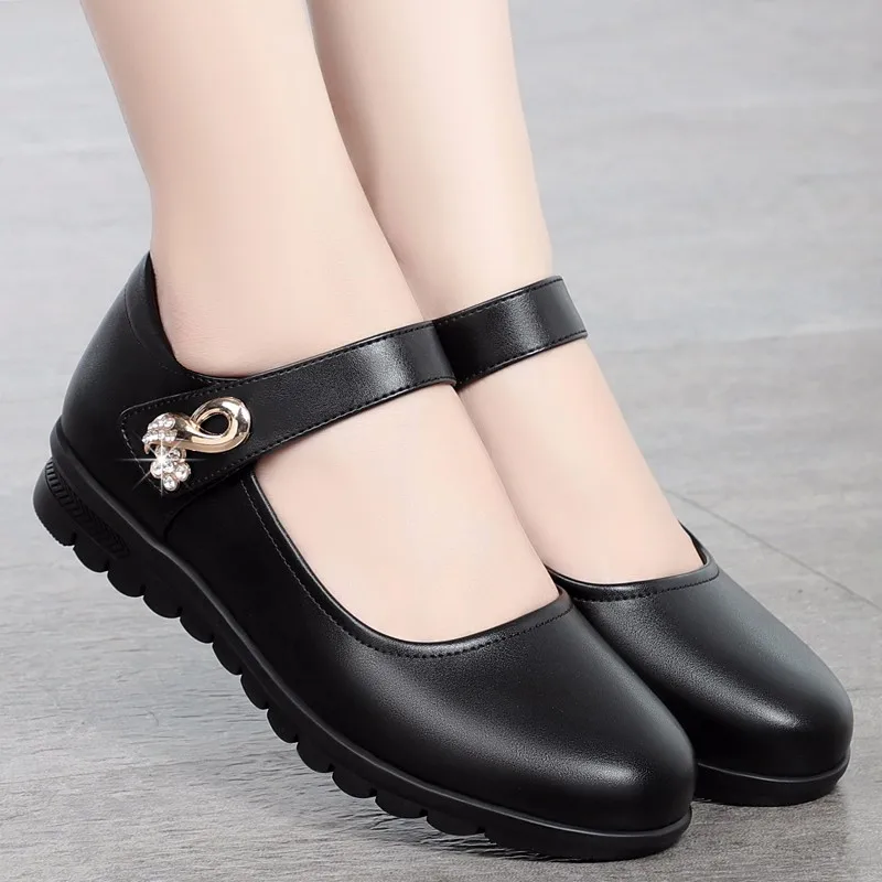 

Comfort Soft Bottom Flat Shoes Women 2022 New Hook Loop Non-slip Mom Shoes Woman Crystal Pu Leather Mary Janes Shoe