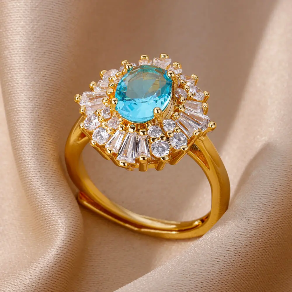 

Romantic Blue Crystal Zircon Rings For Women Adjustable Gold Plated Stainless Steel Flower Ring Luxury Wedding Jewelry Gifts