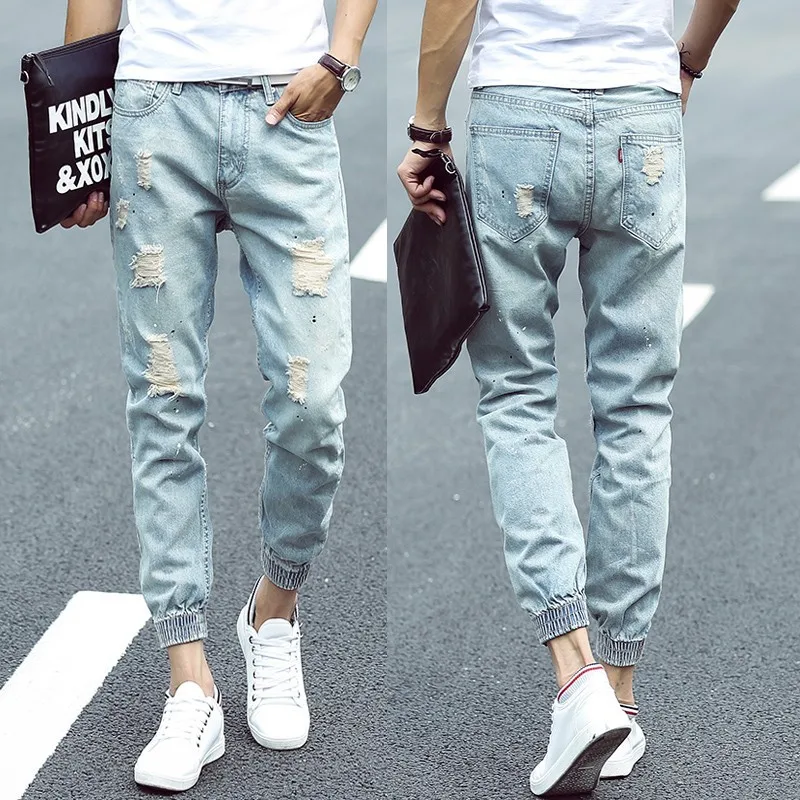 Slim Fit Small Straight Jeans Tide Spring and Summer Korean Version 9 Points Pants Elastic Tight Hole Trousers Clothing Men