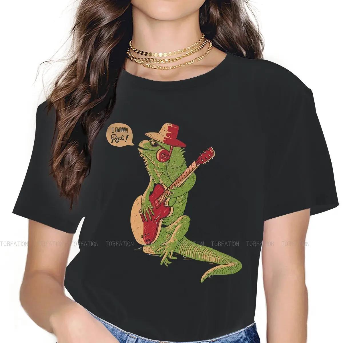 

I Gwanna Rock Funny Iguana Guitar Gift Women TShirt Gecko Lover Girls Basic Tees O-neck Female T Shirt 5XL Funny Fashion Gift