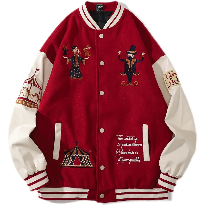 

High Street Varsity Jacket Men Clown Embroidery PU Leather Baseball Jackets Harajuku Casual Oversized Coat Streetwear Unisex