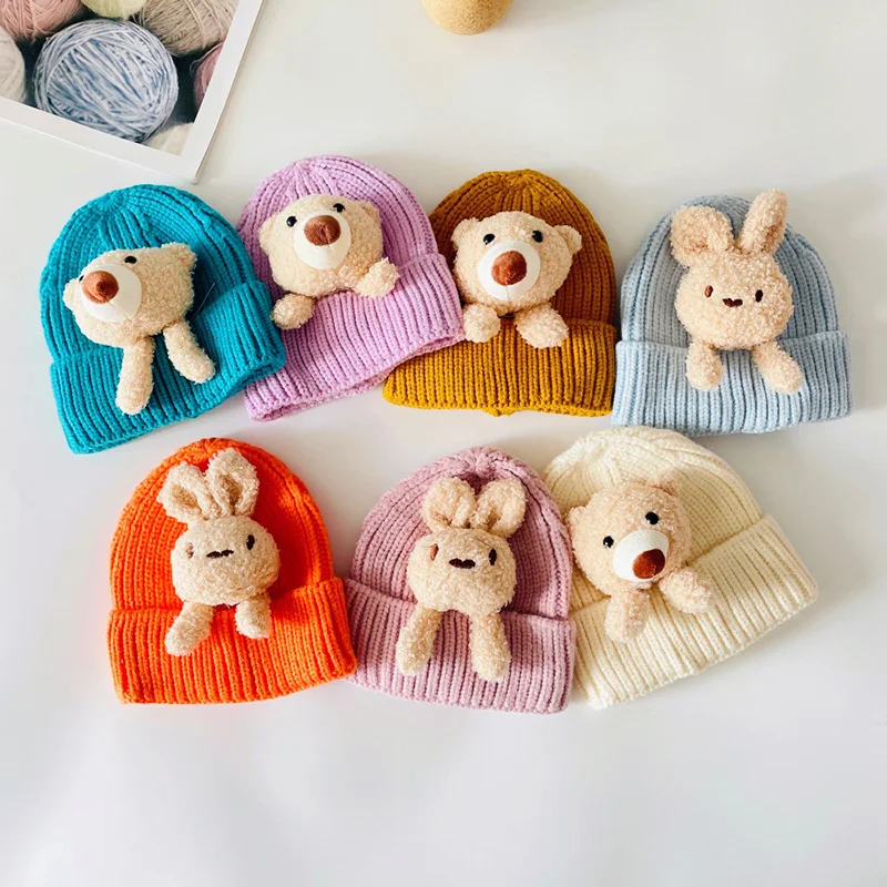 

Kids Knitted Hat Cartoon Bear Infant Hats Autumn Winter Warm Cap Toddler Boys Beanie Caps Korean Girls Bonnet Cute Baby Stuff