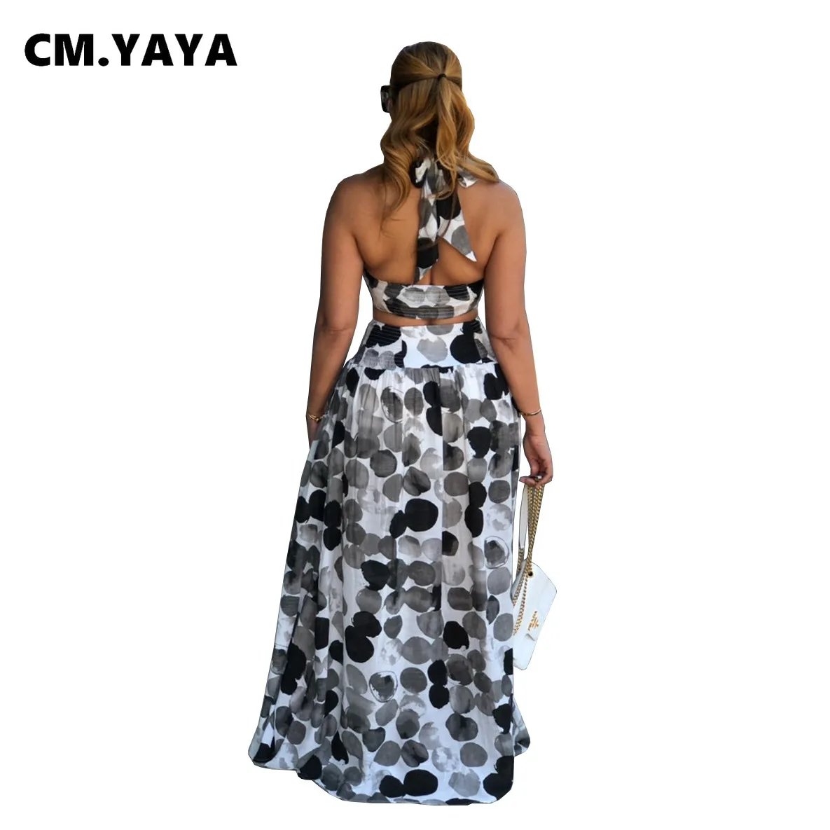 Женский элегантный костюм макси в горошек CM.YAYA с юбкой-качели Летний Пляжный