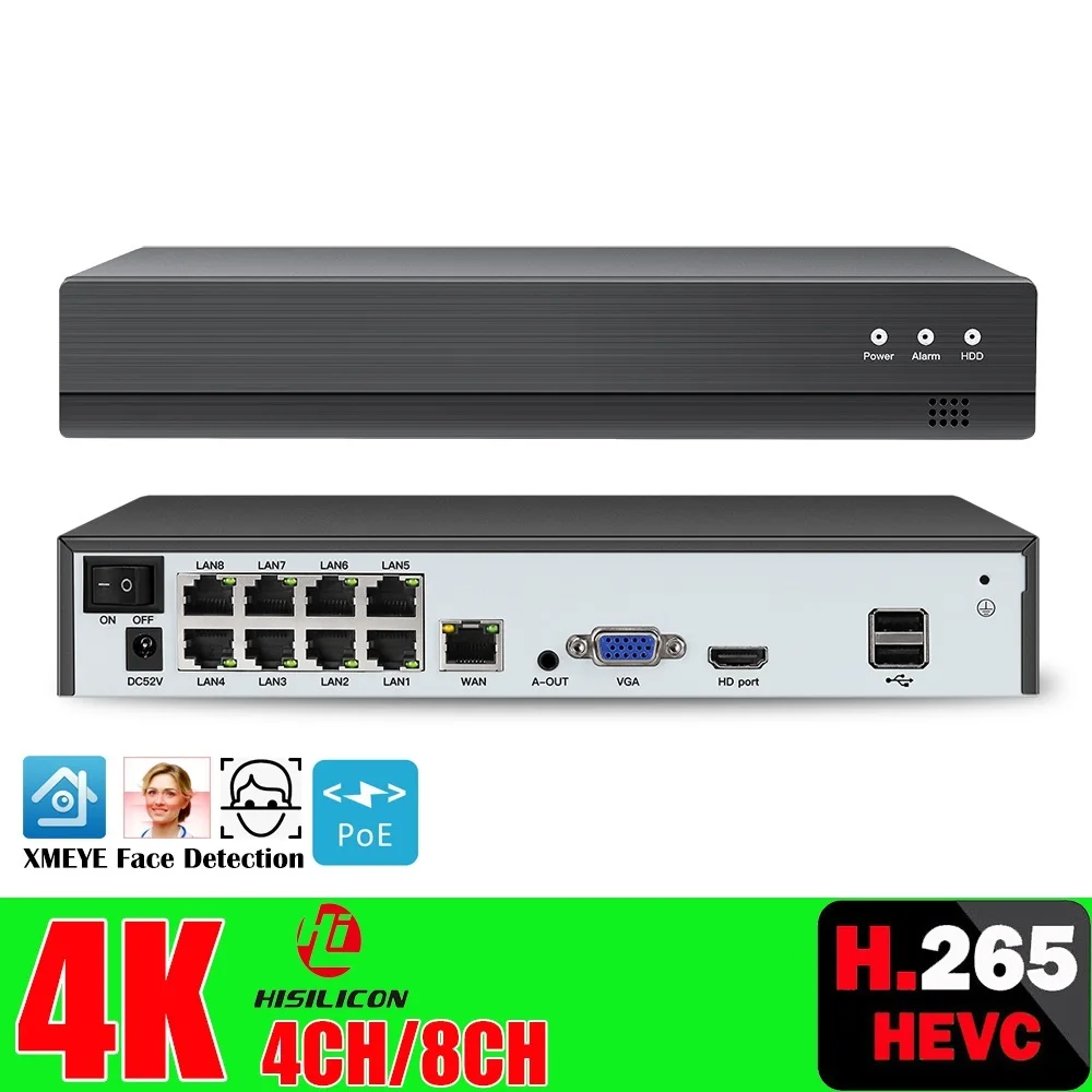 

Сетевой видеорегистратор H.265, устройство обнаружения лиц, 8 каналов * 4K, 4 канала/8 каналов, PoE, для IP-камер HD, 8 Мп, 5 Мп