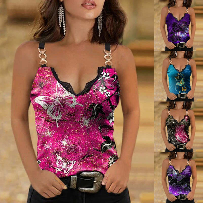 

Punk Style Women Fashion 3D Butterfly Print Casual Deep V Neck Slim Fit Plus Size Tank Tops Plus Size S-5XL
