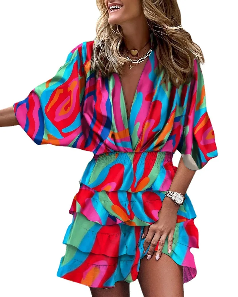 

Women's Midi Dress Flower Fall 2022 Doll Sleeve V-Neck Layered Ruffle Dress Woman S-XXL