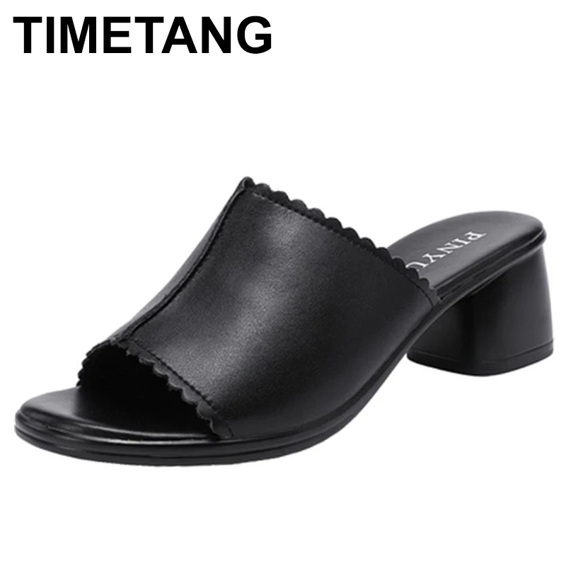 

Genuine Leather Peep Toe Women Slippers Elegant Shallow Non-Slip Comfor Sandals Fashion New Thick Heel Black Office Shoes Mules