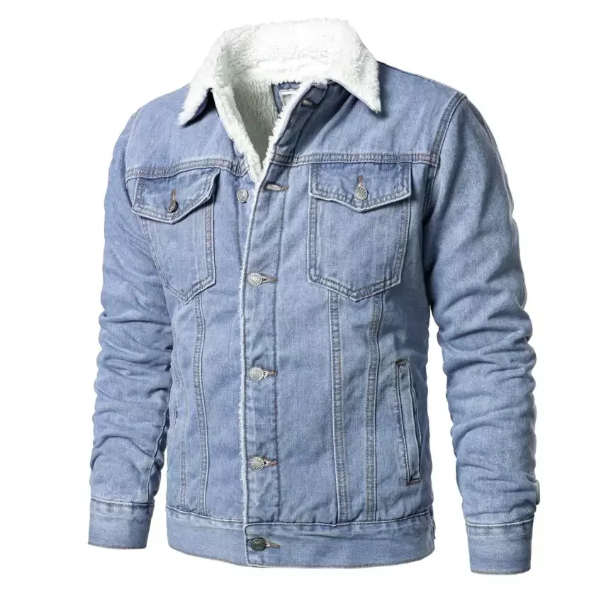 

New2022 Light Blue Jean Jackets Casual Denim Coats New Men High Quality Wool Liner Thicker Winter Denim Jackets Warm Coats Size