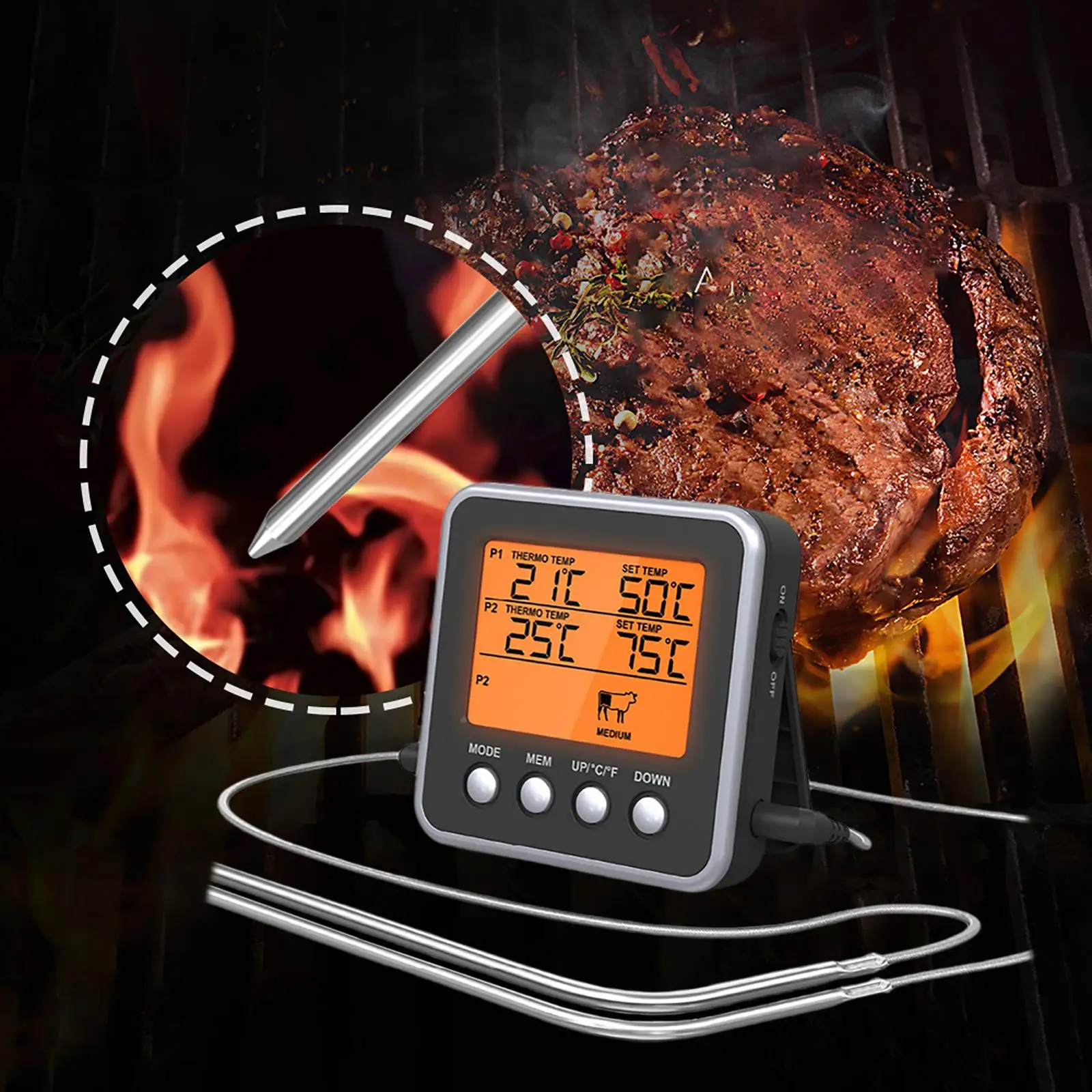 

Food Thermometer with Stainless Steel Probe for Outside Grill Cooking, BBQ