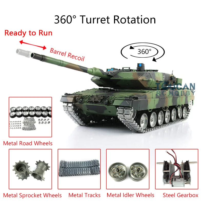

Toucan Heng Long 1/16 TK7.0 Leopard2A6 RC Tank Toy 3889 Metal Tracks Wheels Barrel Recoil BB Airsoft Smoke TH17592-SMT8
