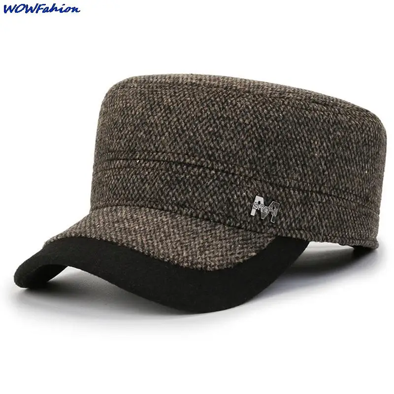 

Autumn Winter Men's Woolen Peaked Cap Middle-aged Elderly Hats Thickened Warm Ear Protection Outdoor Sports Adjustable Flat Cap