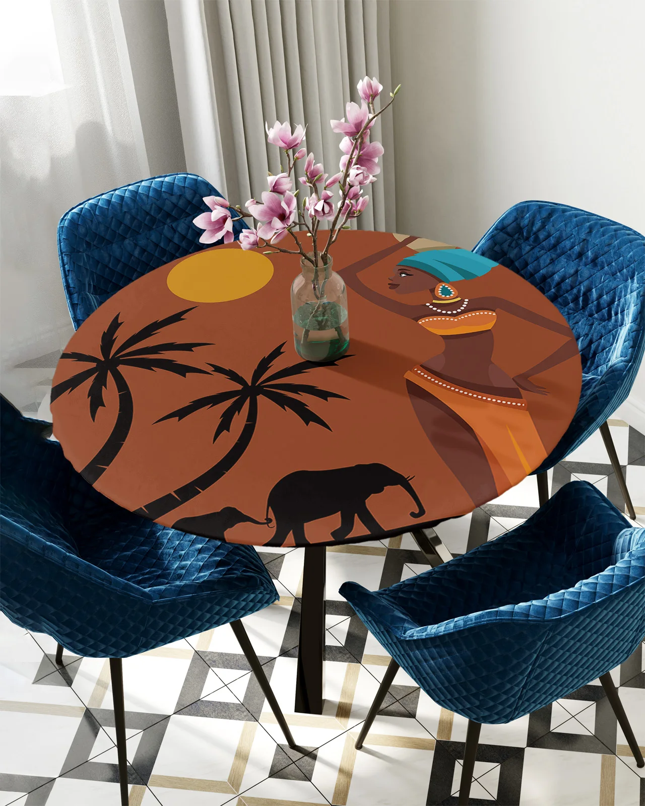 

African Women Sunset Landscape Elephant Round Rectangle Waterproof Elastic Tablecloth Home Kitchen Dining Room Table Cloth Cover