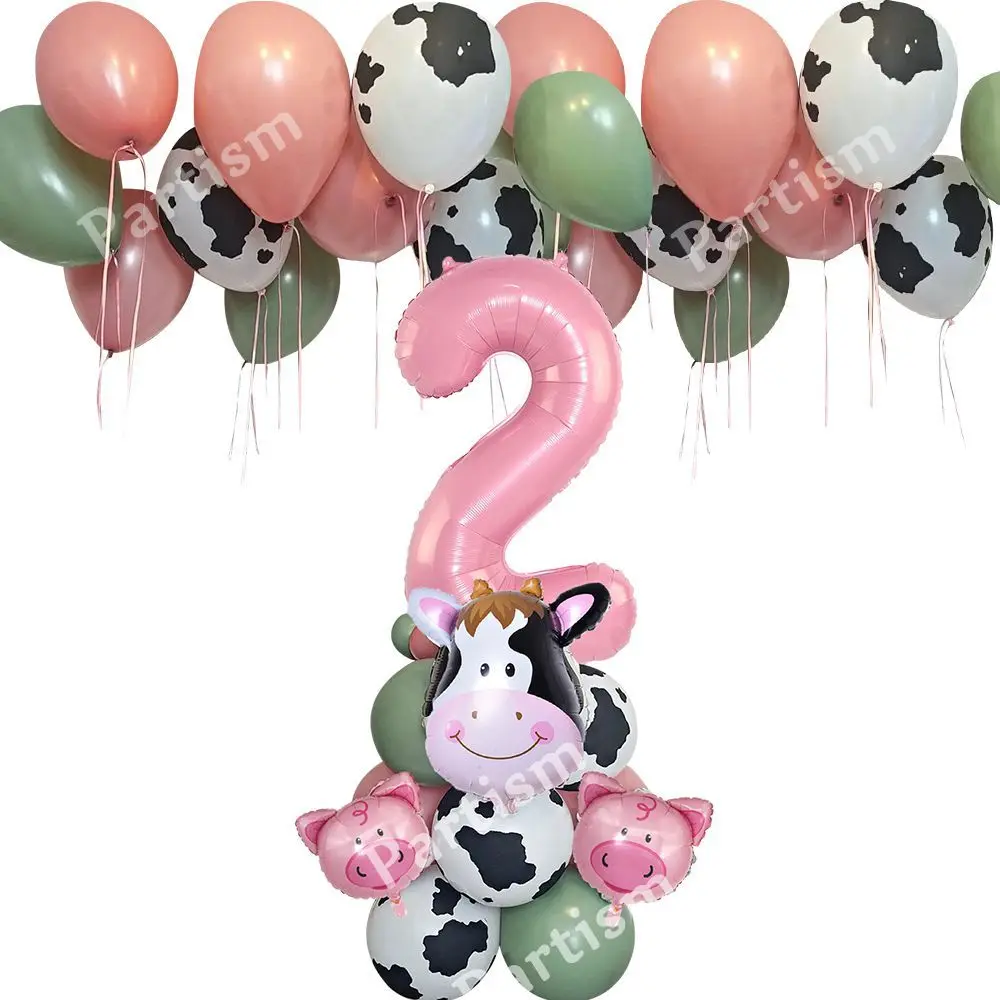 

1set Farm Animal Balloons Carton Cow/Pig Balloon with Pink Number Balloon for Girl's Farm Animal Birthday Party Decorations