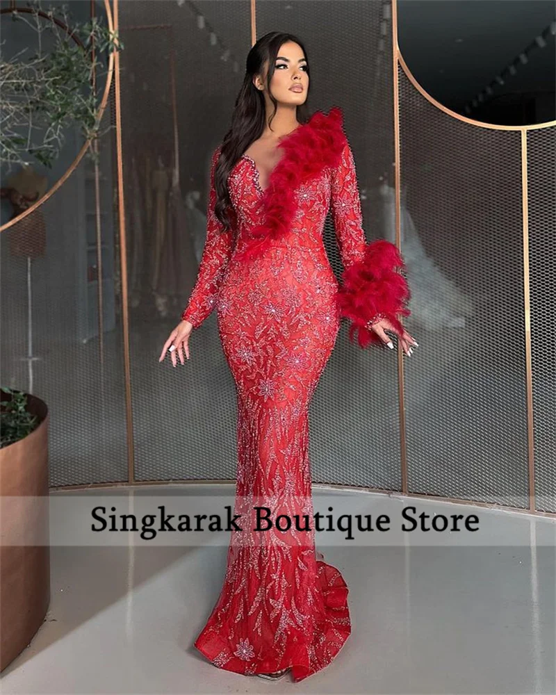 

Sparkly Red Mermaid Evening Dresses 2023 Glitter Beading Sequins Long Sleeves Feathers Party Gowns Dubai فسات Robes De Soirée